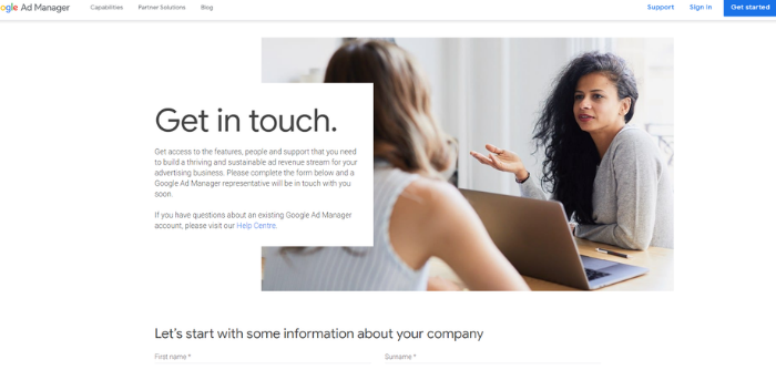 Google Ads Manager Account contact form for websites with more than 1 million views