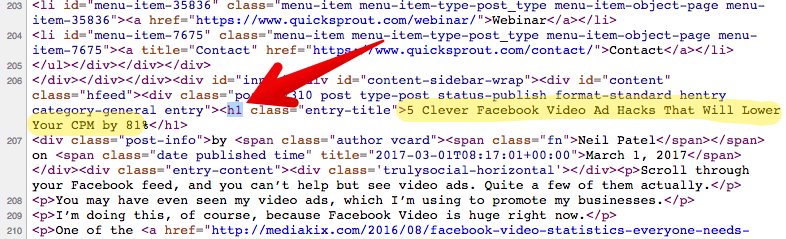 H1 tag - "facebook video hacks" in source code and title