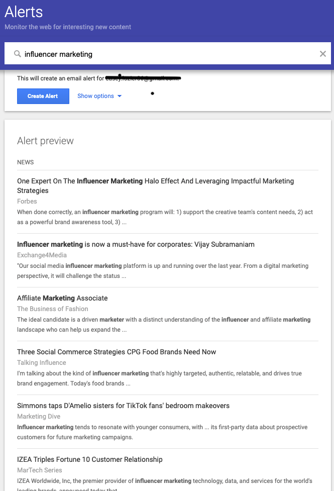 influencer marketing - google alerts