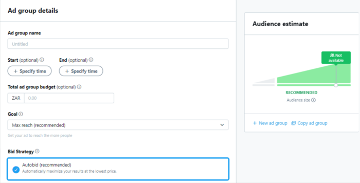 Enter your ad group details to continue setting up your Twitter advertising campaign. 