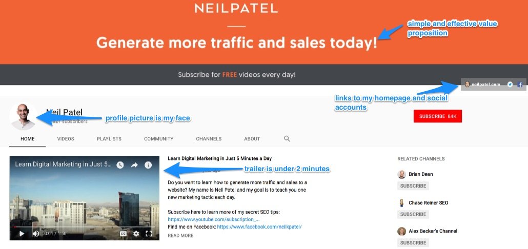 neil patel youtube channel layout