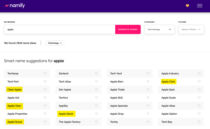 Screenshot of Namify site with suggestions for names with "apple"