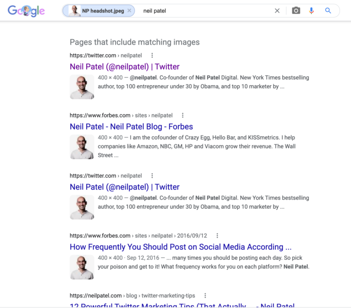 reverse image search - Neil Patel headshot results, below the fold