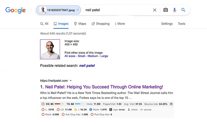 neil patel reverse image search results