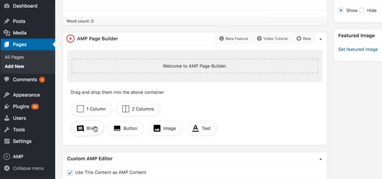 page speed insights AMP builder page 