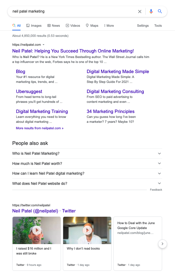 SERP for Neil Patel Marketing - personal branding