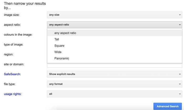 aspect ratio on Google advanced image search