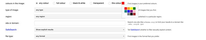 colors in image filter on Google advanced image search