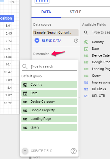 add chart in google data studio dimensions 