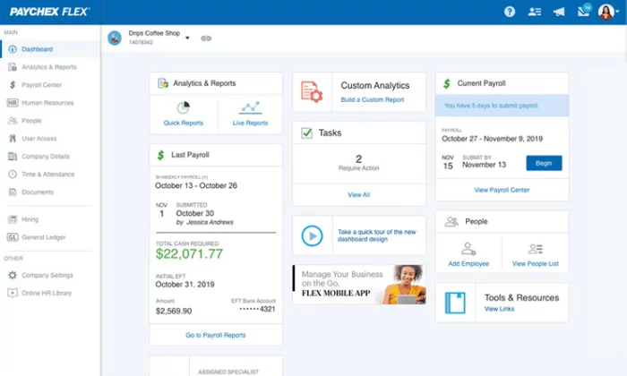 Paychex Flex dashboard for Best Payroll Services