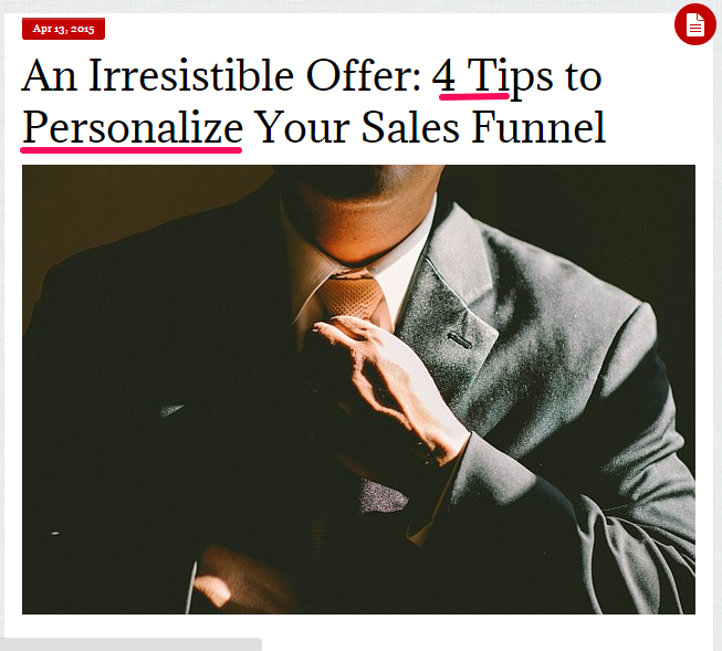 A screenshot reading "An irresistible offer: 4 tips to personalize your sales funnel" - an effective headline. 