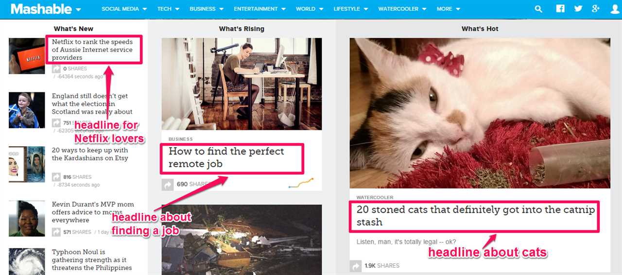 A screenshot on the platform Mashable showing examples of headlines. 