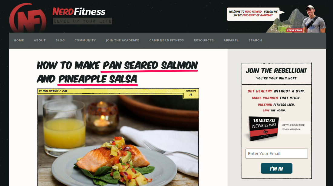NerdFitness's online recipe with a specific headline detailing pan-seared salmon and pineapple salsa