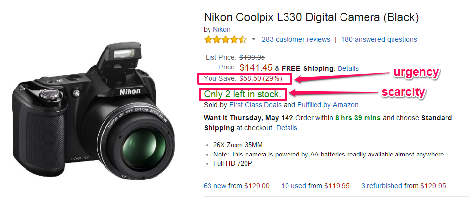 A screenshot of Amazon showing "only 2 left in stock" to create a sense of urgency using headlines. 