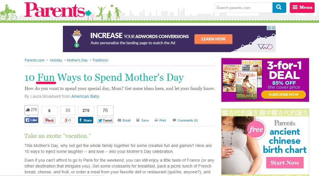 A screenshot detailing "10 fun ways to spend mother's day" as a headline. 