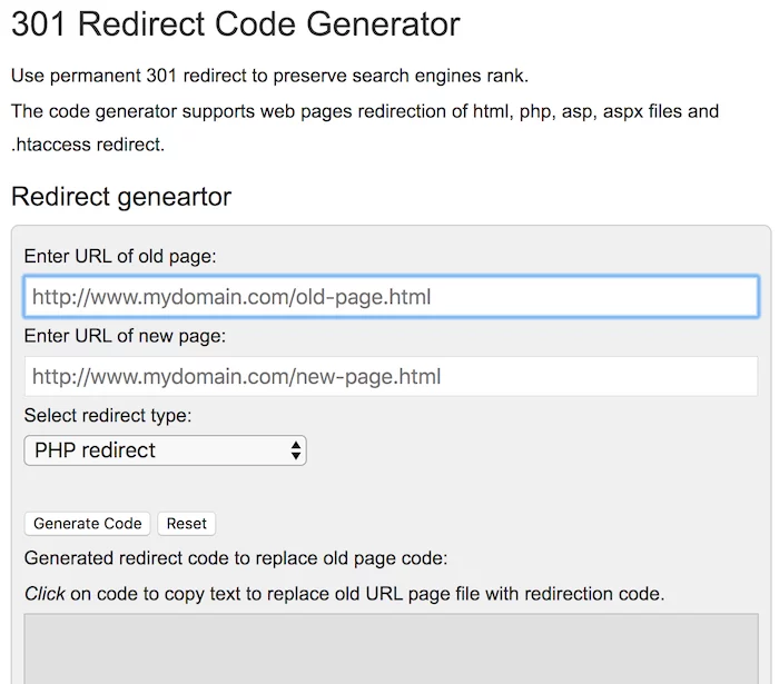 301 redirect code generator free SEO tool
