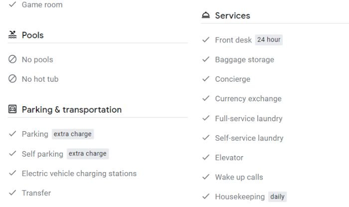 amenities additional information for google hotel