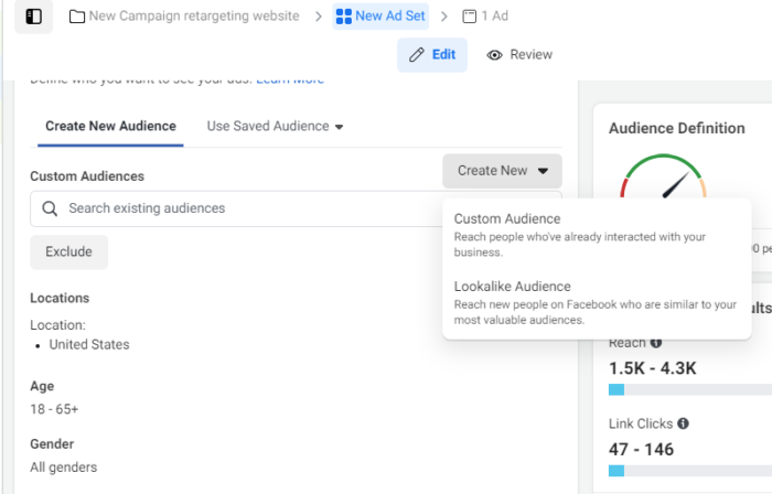 create a new custom audience facebook retargeting. 