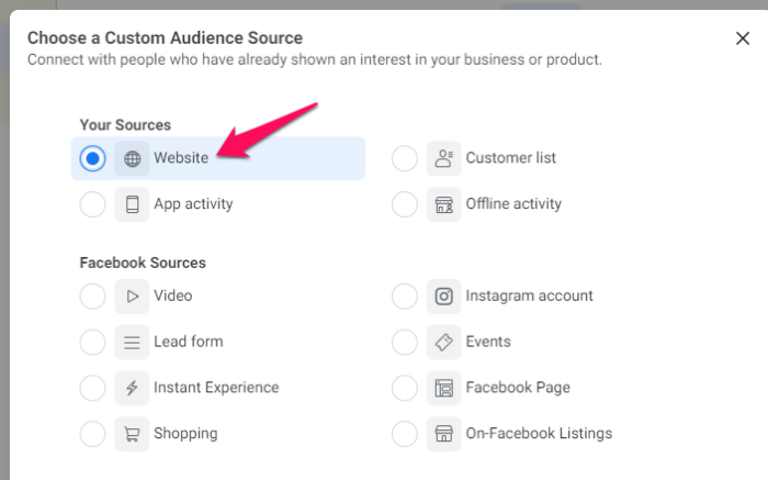 select source for facebook retargeting ads 