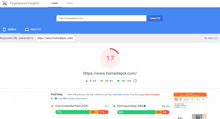 pagespeed insights home depot drupal SEO 