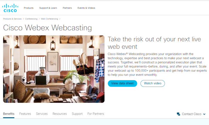 Cisco Webex webcasting page for Best Webcasting Services