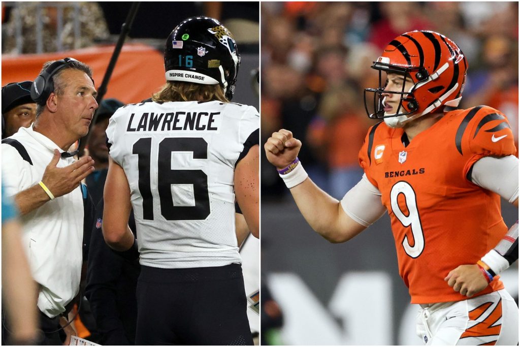 Urban Meyer speaks to Trevor Lawrence on the sideline as Bengals QB Joe Burrow pumps his fist in celebration.