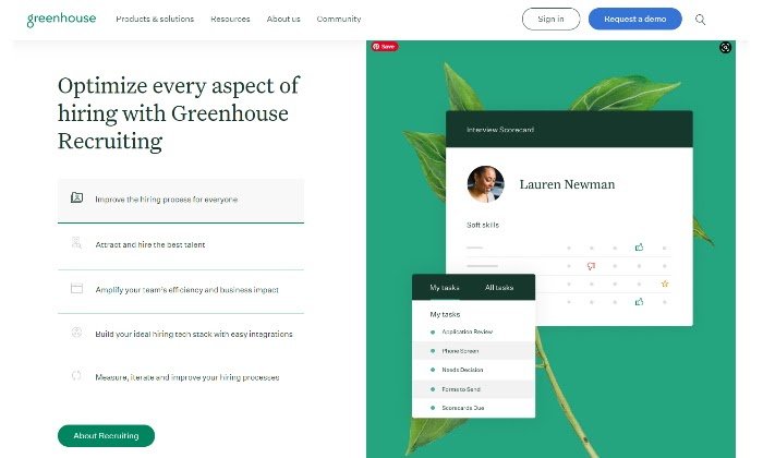 Greenhouse main page for Best Recruiting Software