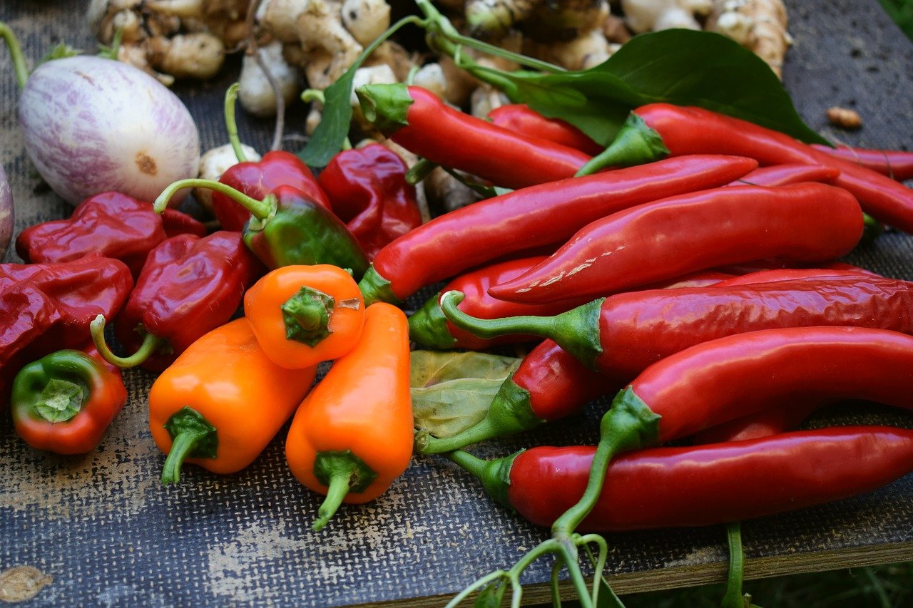 assorted hot peppers on a board