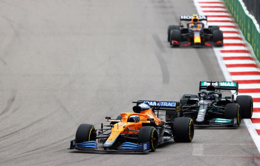 Daniel Ricciardo, who is driving the No. 3 McLaren F1 Team MCL35M Mercedes leads Lewis Hamilton, who is driving the No. 44 Mercedes AMG Petronas F1 Team Mercedes W12 through a turn during the Grand Prix of Russia at Sochi Autodrom on September 26, 2021.