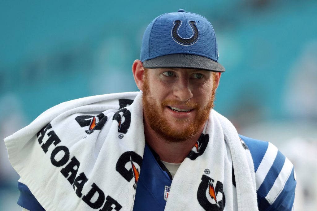 Indianapolis Colts and former Philadelphia Eagles quarterback Carson Wentz after a win over the Dolphins in 2021.