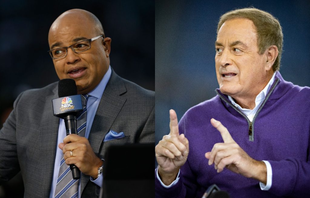 NBC Sports' Mike Tirico (L) and Al Michaels.