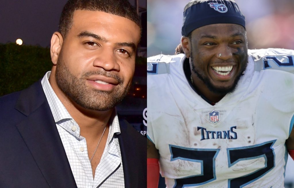 Former All-Pro linebacker Shawne Merriman (L) in 2019 and Tennessee Titans running back Derrick Henry in 2021.