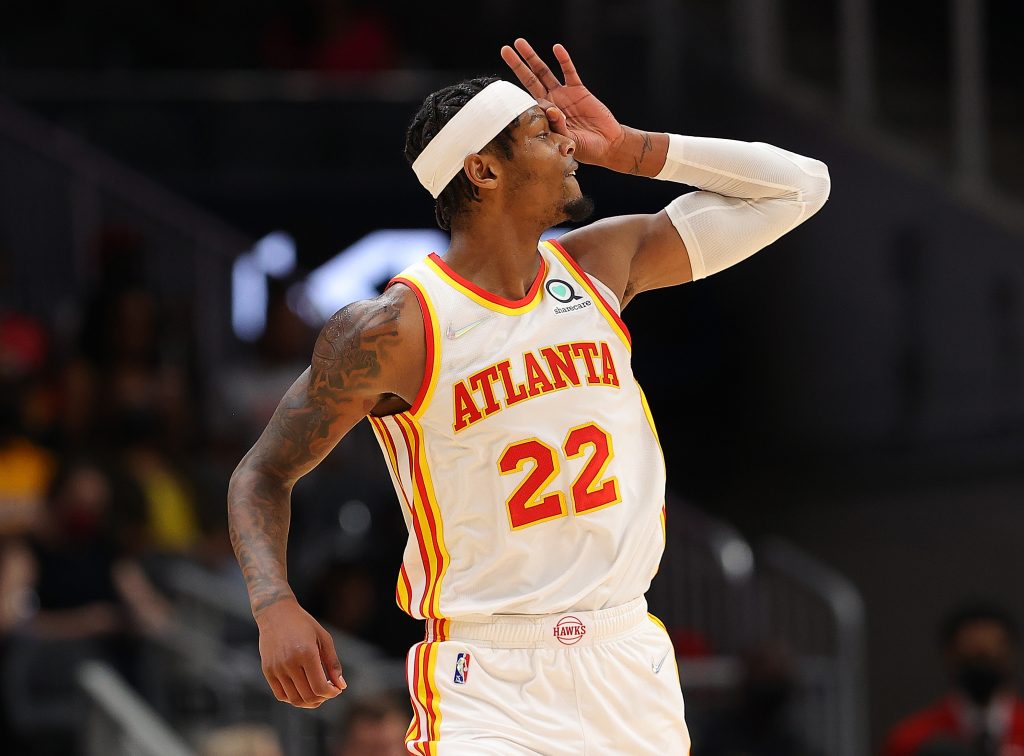 Atlanta Hawks guard Cam Reddish celebrates during a preseason game