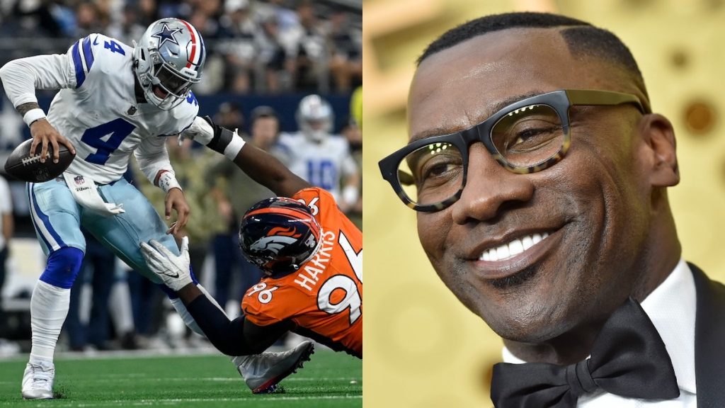 (L-R) Shelby Harris of the Denver Broncos narrowly misses a sack on Dak Prescott of the Dallas Cowboys during the fourth quarter of Denver's 30-16 win at AT&T Stadium on Sunday, November 7, 2021; Shannon sharpe attends the 71st Emmy Awards at Microsoft Theater on September 22, 2019 in Los Angeles, California.