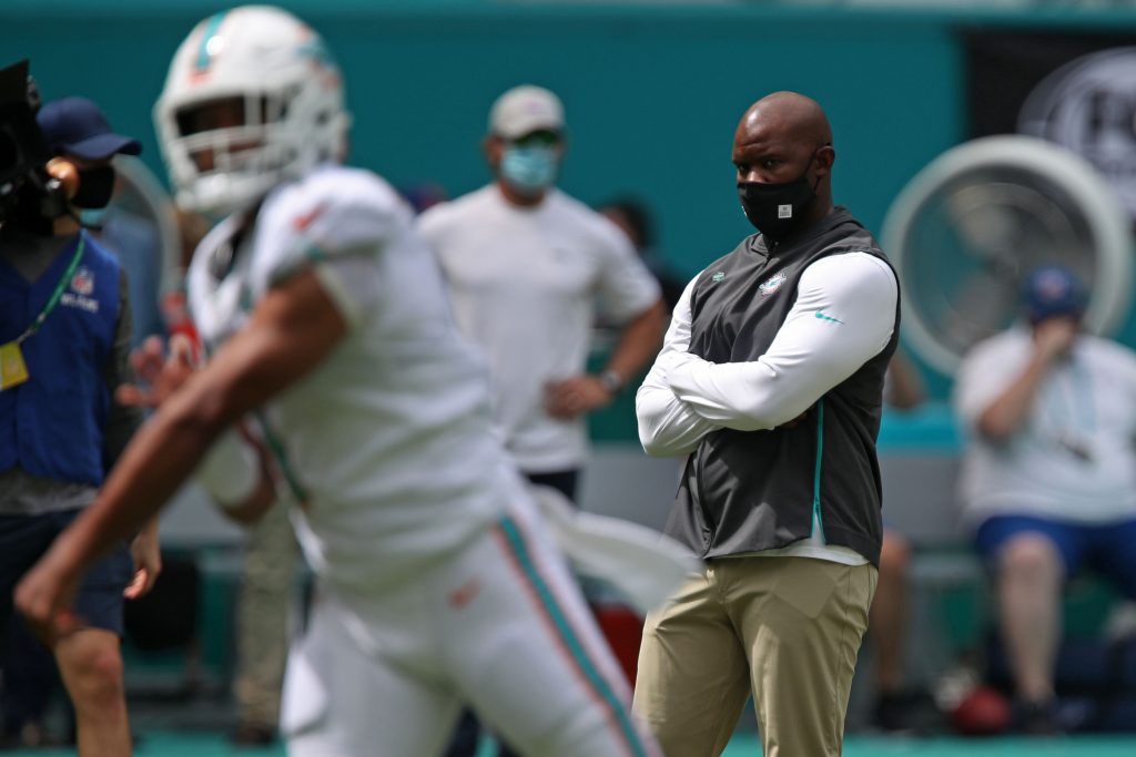 Miami Dolphins QB Tua Tagovailoa and HC Brian Flores.