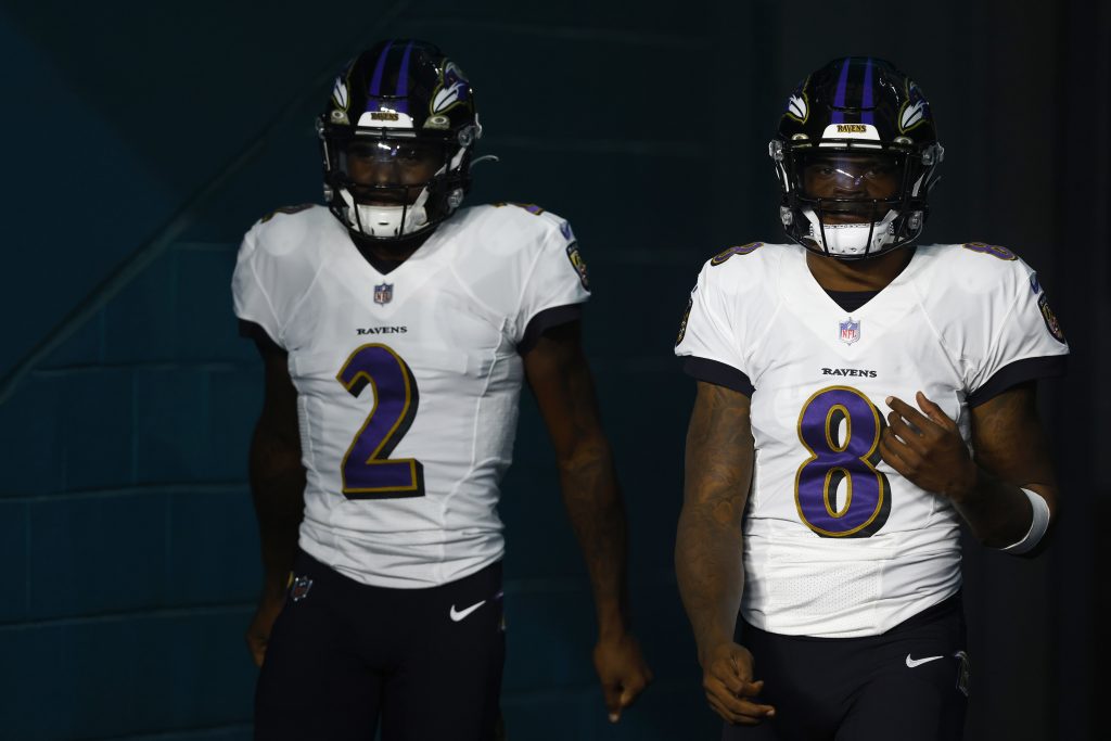 Ravens quarterbacks Lamar Jackson and Tyler Huntley leaving the tunnel