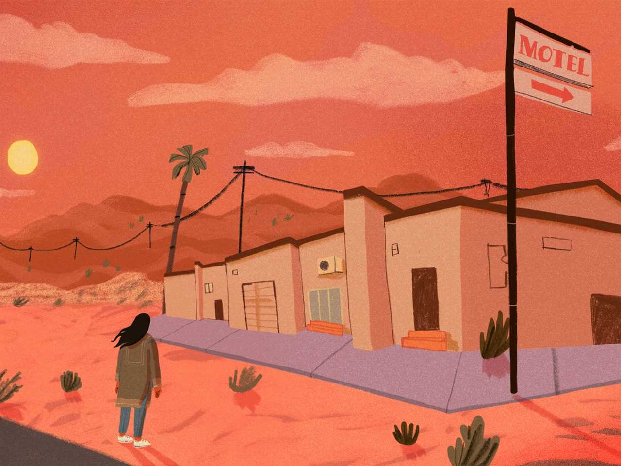 Illustration of person looking at a motel in the desert.