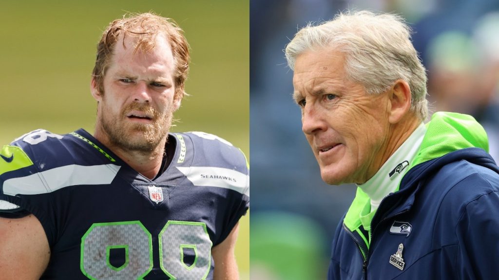 (L-R) Greg Olsen of the Seattle Seahawks looks on against the Miami Dolphins during the second half at Hard Rock Stadium on October 04, 2020 in Miami Gardens, Florida; Head coach Pete Carroll of the Seattle Seahawks looks on before the game against the Arizona Cardinals at Lumen Field on November 21, 2021 in Seattle, Washington.