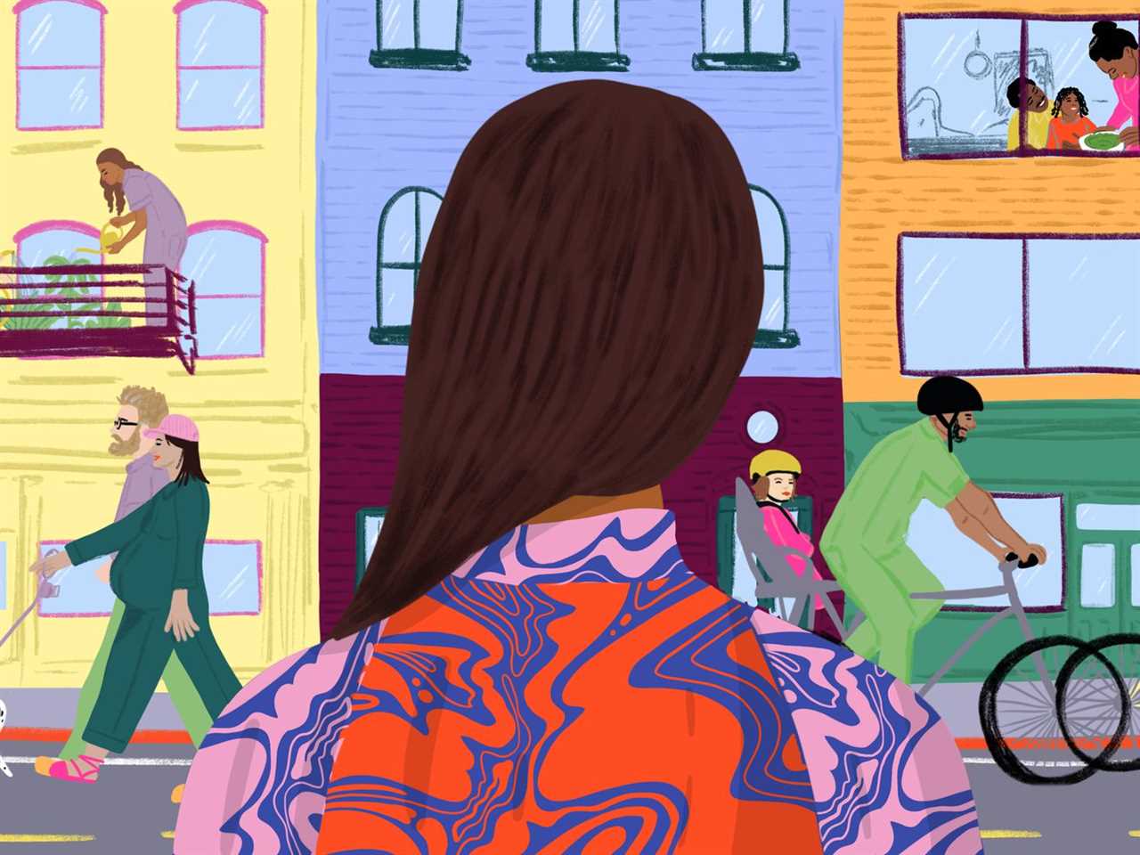 A single woman looks out onto a city block filled with couples and families