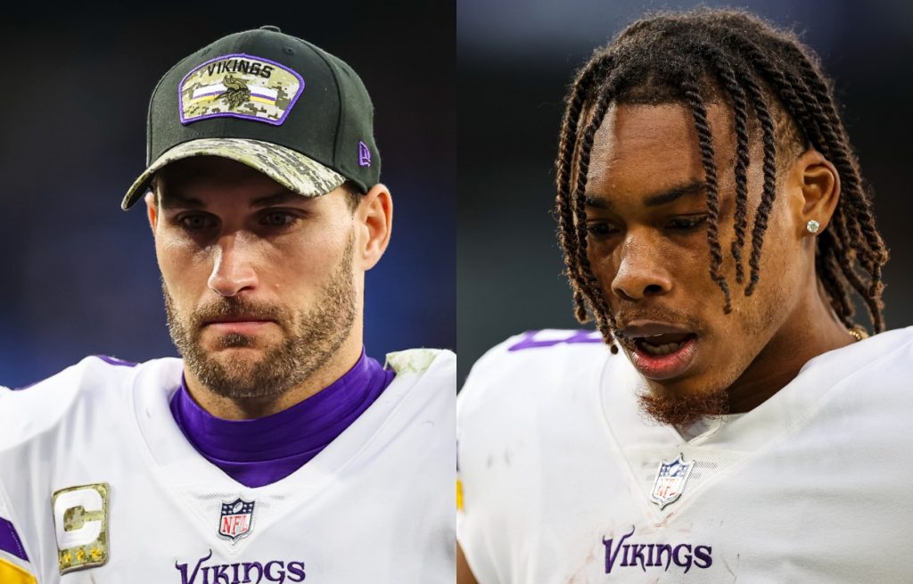 Minnesota Vikings quarterback Kirk Cousins (L) and star receiver Justin Jefferson in 2021.