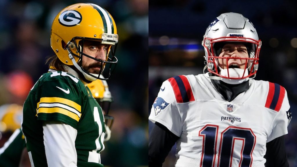 (L-R) Aaron Rodgers of the Green Bay Packers looks on during pregame warm-ups before the game against the Los Angeles Rams at Lambeau Field on November 28, 2021 in Green Bay, Wisconsin; Mac Jones of the New England Patriots reacts before the game against the Buffalo Bills at Highmark Stadium on December 06, 2021 in Orchard Park, New York.