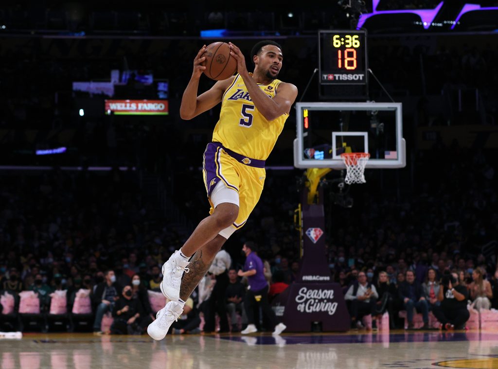 Los Angeles Lakers combo guard Talen Horton-Tucker makes a move during a game against the Boston Celtics