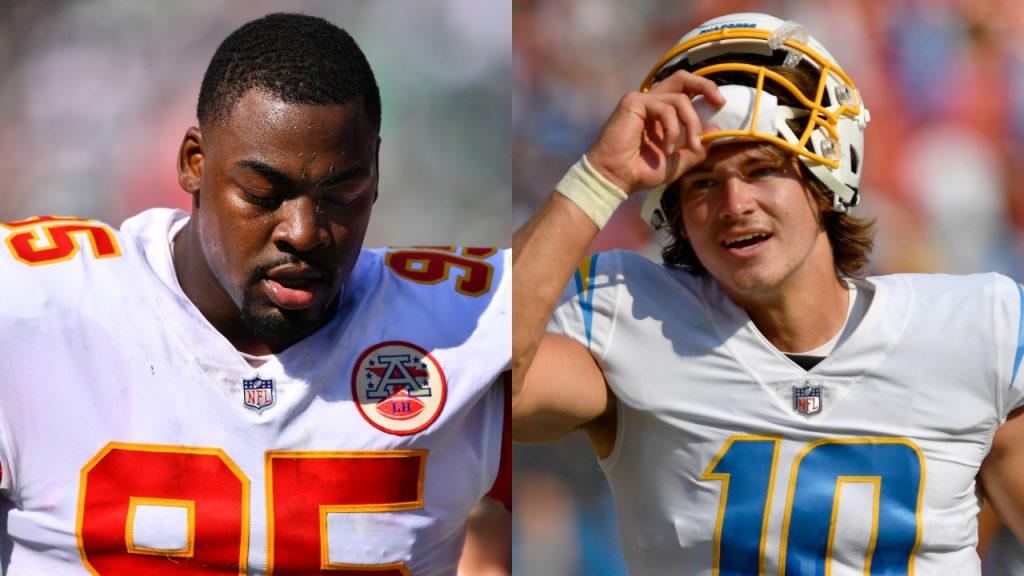 Chiefs defensive tackle Chris Jones reacts during a game; Chargers QB Justin Herbert looks on during game