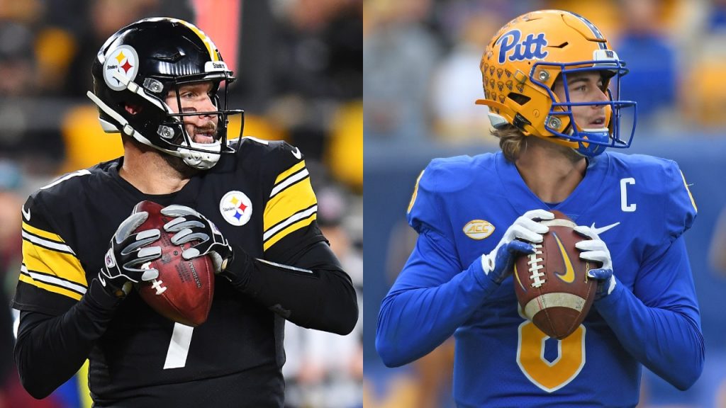 Steelers QB Ben Roethlisberger drops back for a pass; Pitt QB Kenny Pickett in action against Clemson