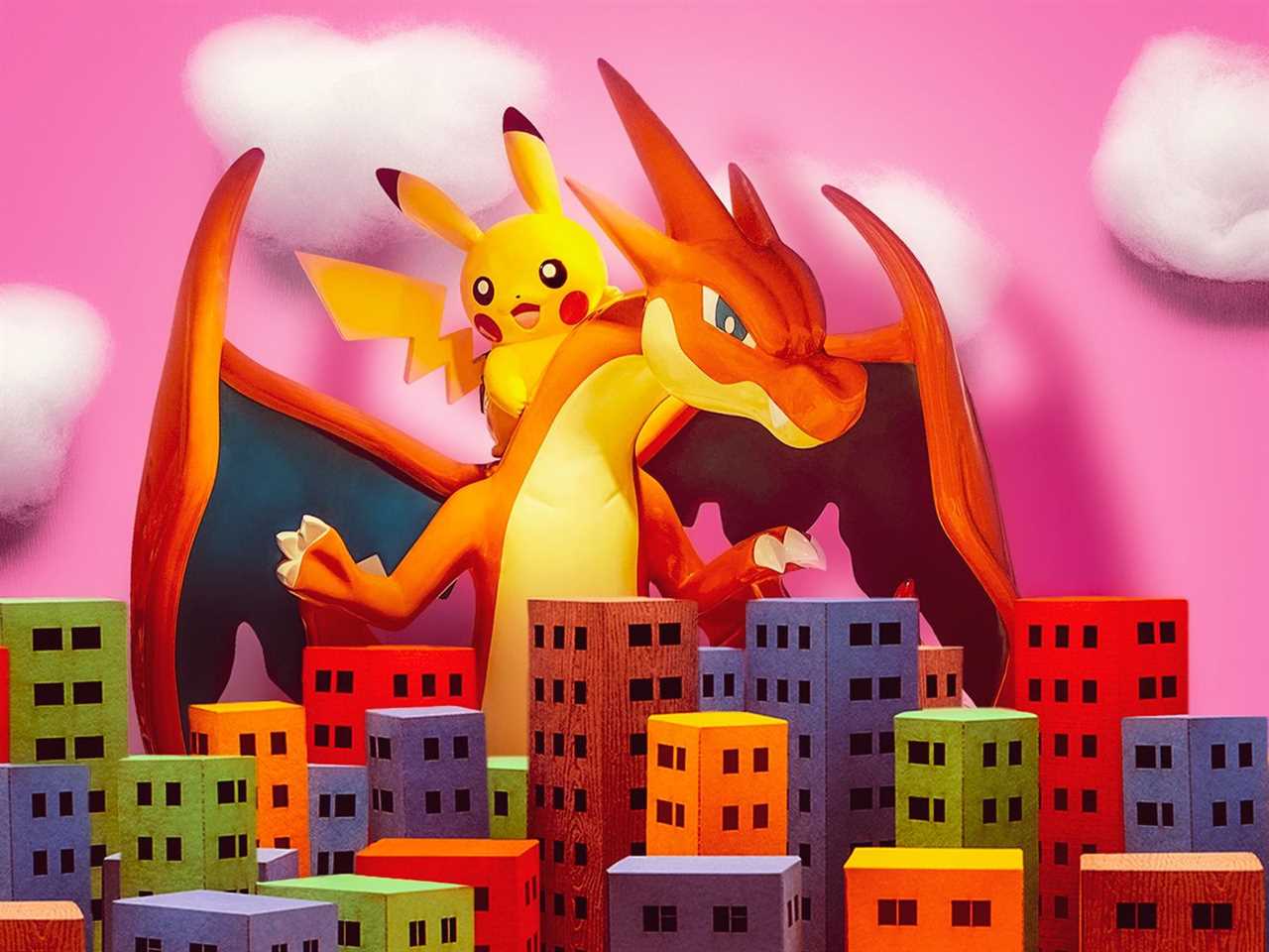 Pikachu rides a Godzilla-like creature over a city in this a cartoon illustration depicting the Pokémon franchise’s dominance.