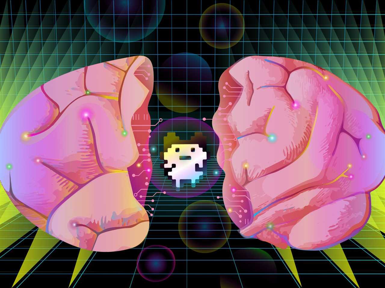 An illustration of two halves of a pink brain with a small Tamagotchi character in the middle.