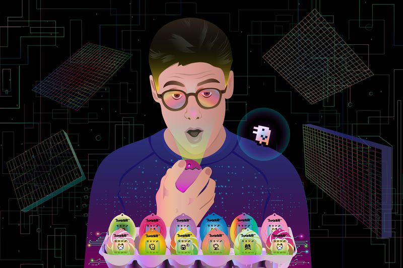 A person looks at a Tamagotchi game in their hand with an open-mouthed expression. They have a Tamagotchi character on his shoulder and an egg carton filled with Tamagotchi games in front of them.