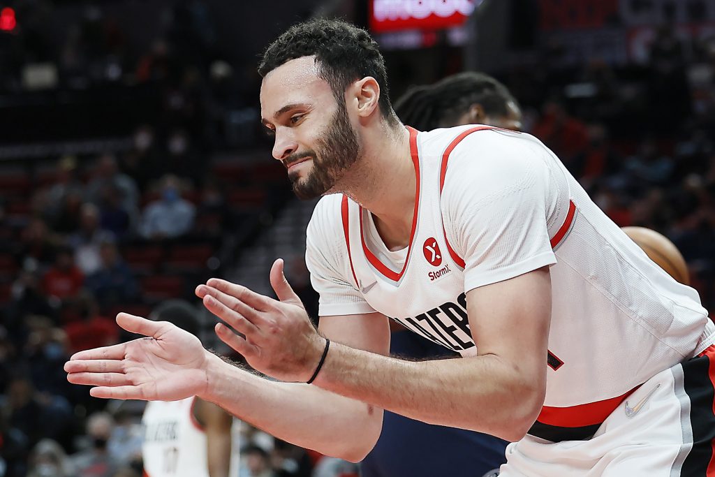 Portland Trail Blazers forward Larry Nance Jr. reacts during a game against the Minnesota Timberwolves