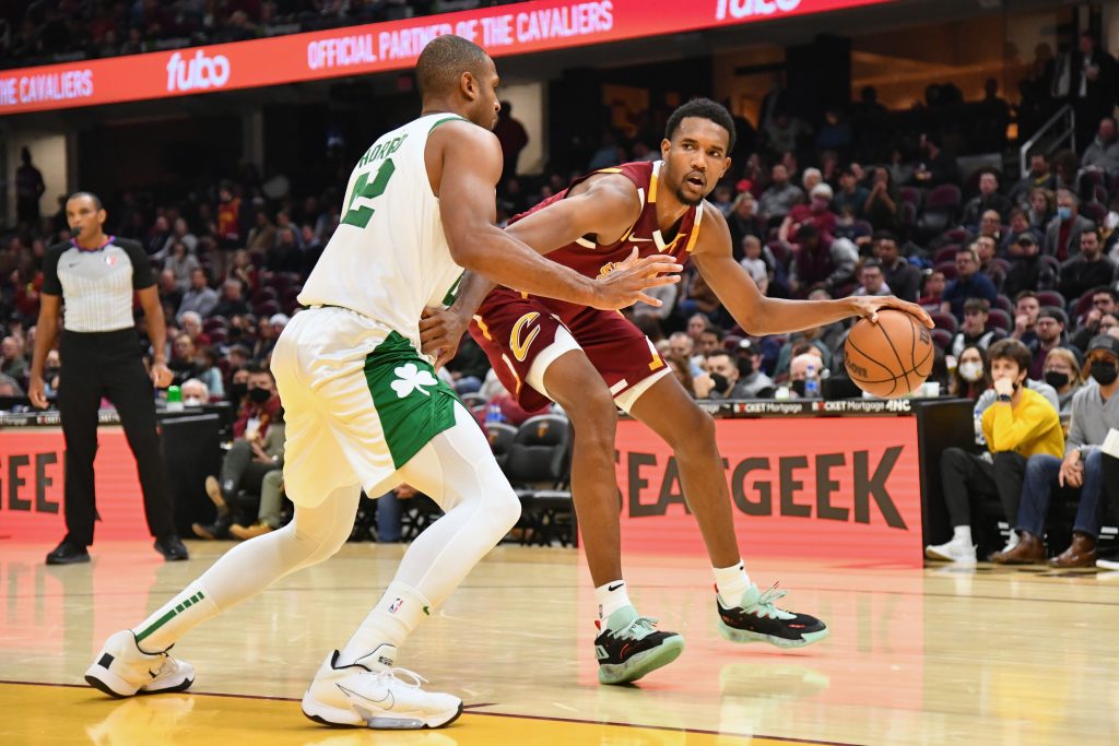 Cleveland Cavaliers rookie Evan Mobley backs down Boston Celtics veteran Al Horford during a game on Nov. 15