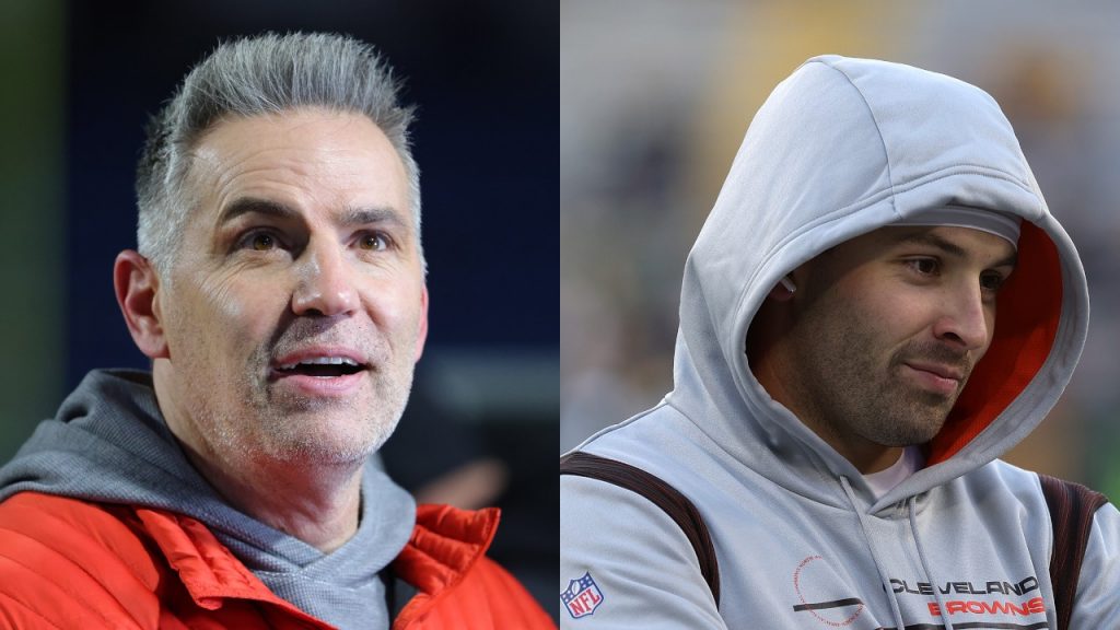 Kurt Warner on the field before an NFL game; Browns QB Baker Mayfield looks on before game against the Packers